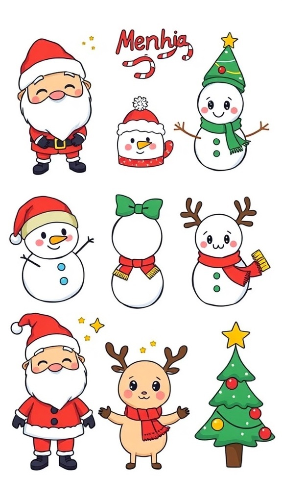 A variety of kawaii Christmas doodles featuring Santa, snowman, reindeer, and Christmas tree in a colorful design.